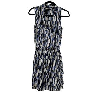 White House Black Market Blue & Cream Printed Sleeveless Mini Wrap Dress Women 2